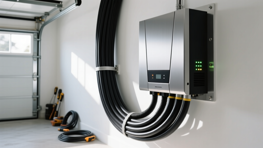 Close-up of thick black XLPE insulated solar PV wiring connected to a modern residential electrical inverter panel in a bright garage