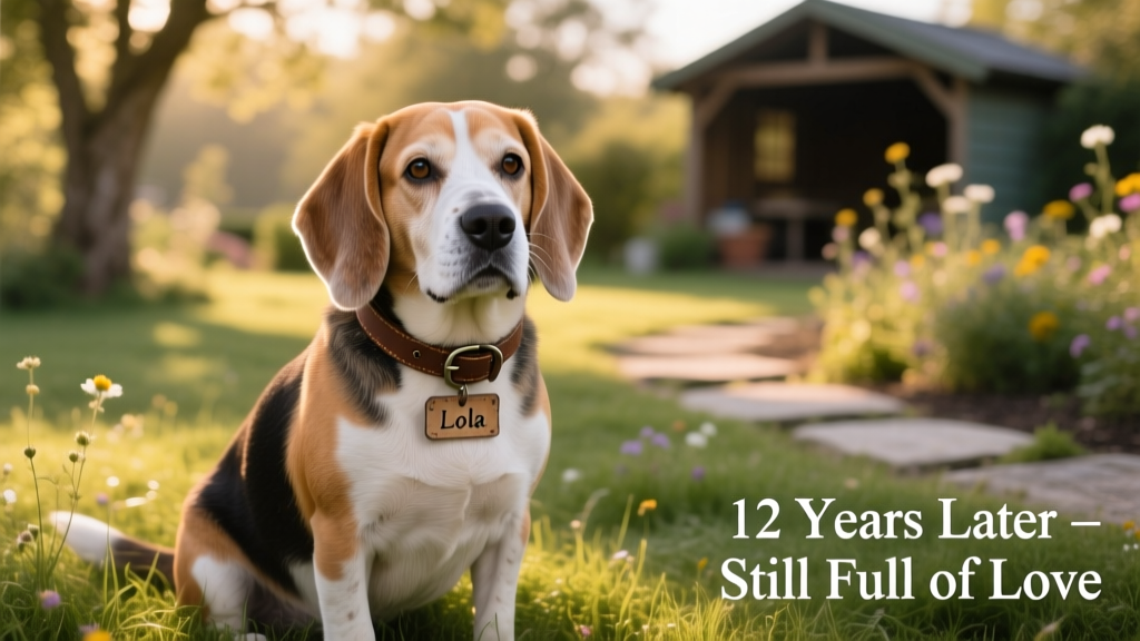 Senior Beagle Lola sitting calmly in grass, looking gently at the camera with soft eyes and relaxed posture