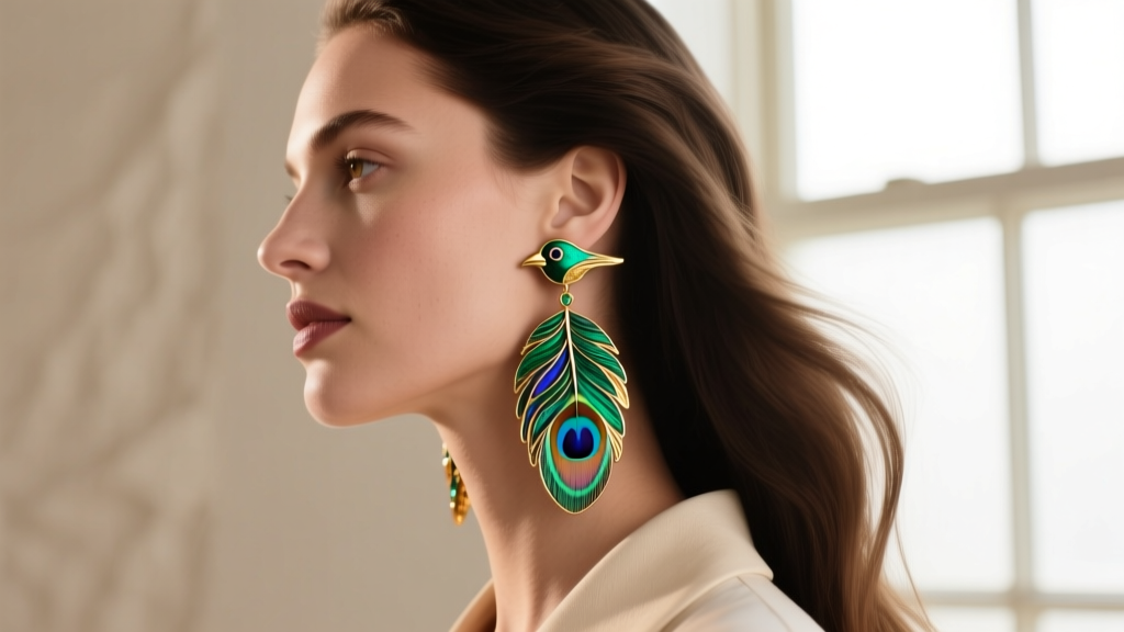 Side profile of a woman wearing large colorful Laurel Burch fantasy bird drop earrings grazing her jawline in soft natural light.