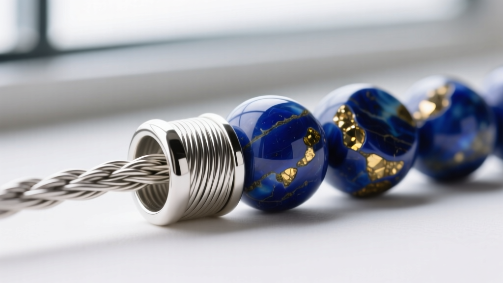 Close-up of a sterling silver crimp tube securing a 49-strand nylon-coated beading wire next to natural lapis lazuli beads
