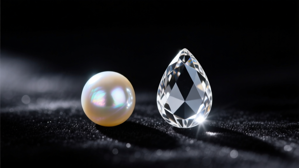 Macro photo comparing a 12mm freshwater pear pearl next to a 22mm crystal drop pearl on a dark velvet jeweler's tray.
