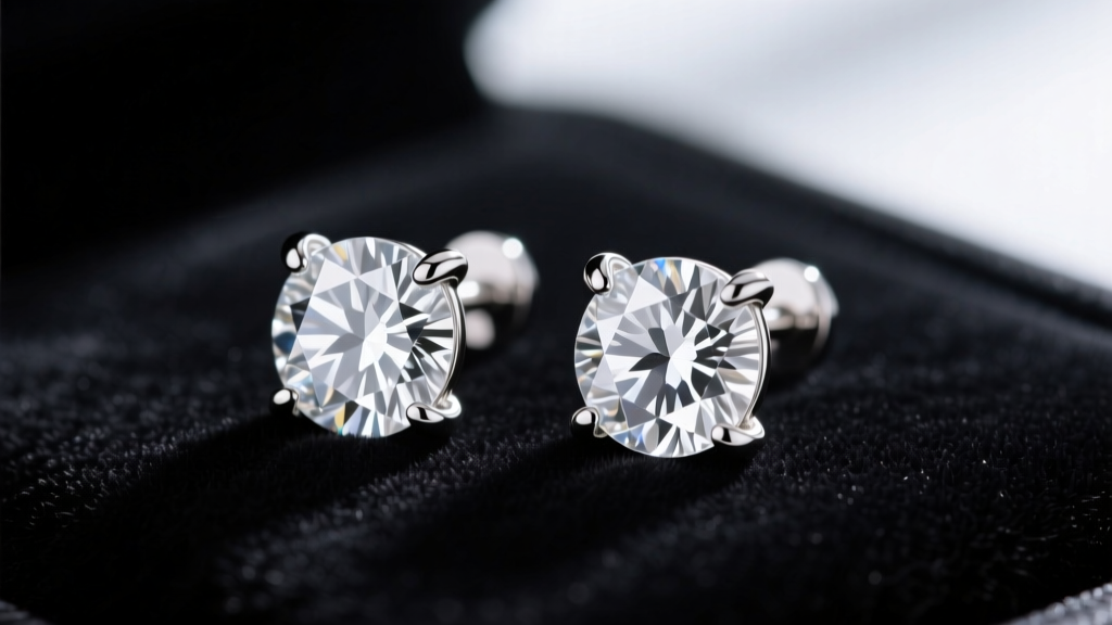 Macro photo of 1-carat diamond princess cut stud earrings in platinum four-prong settings resting on a dark black velvet surface