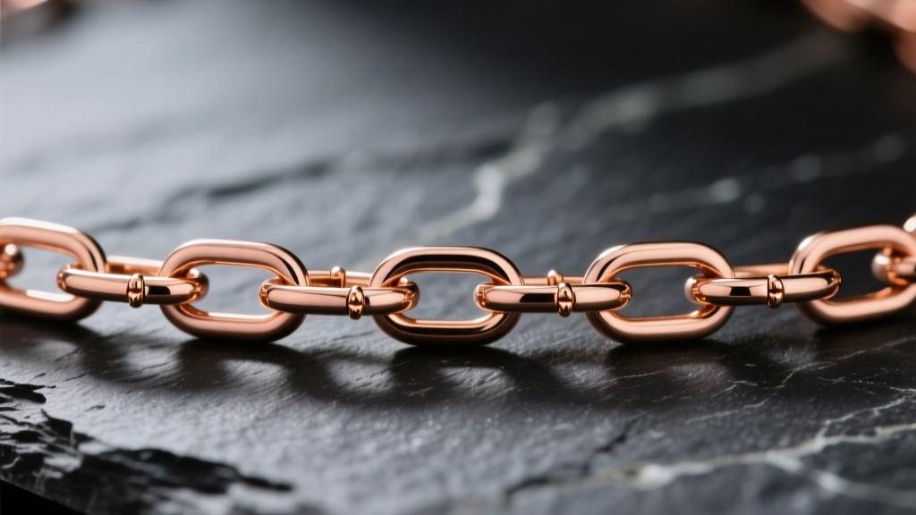 Close-up of an 18k rose gold paperclip chain on dark slate, highlighting the warm copper tint and precise link soldering points
