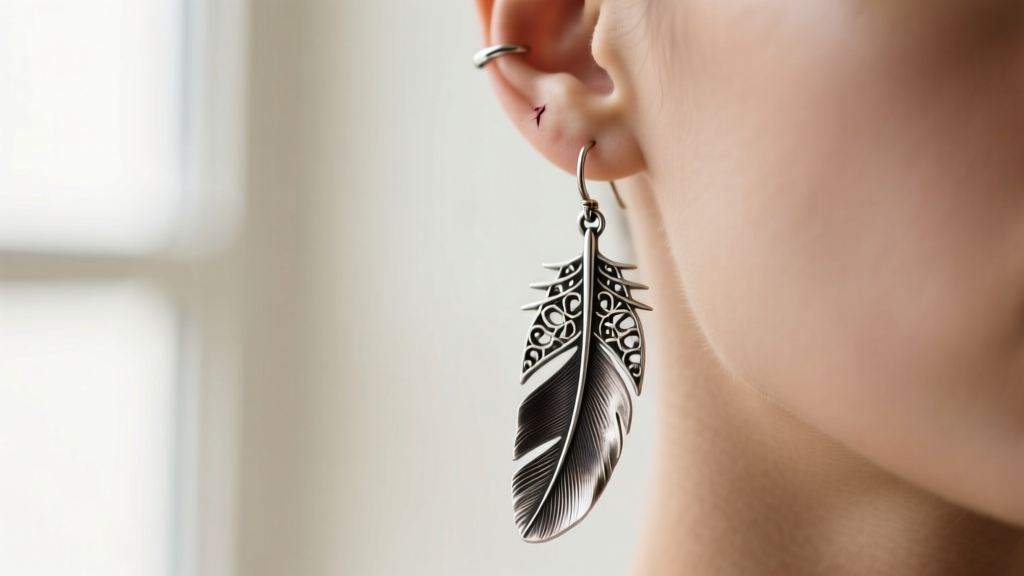 Macro shot of an oxidized silver metal feather dangle earring with intricate filigree barbs, hanging from a healed 18-gauge lobe
