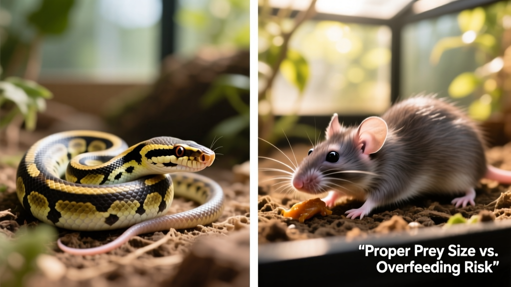 Side-by-side comparison showing appropriate prey size (mouse matching snake's mid-body width) versus oversized prey (mouse much wider than snake's body)