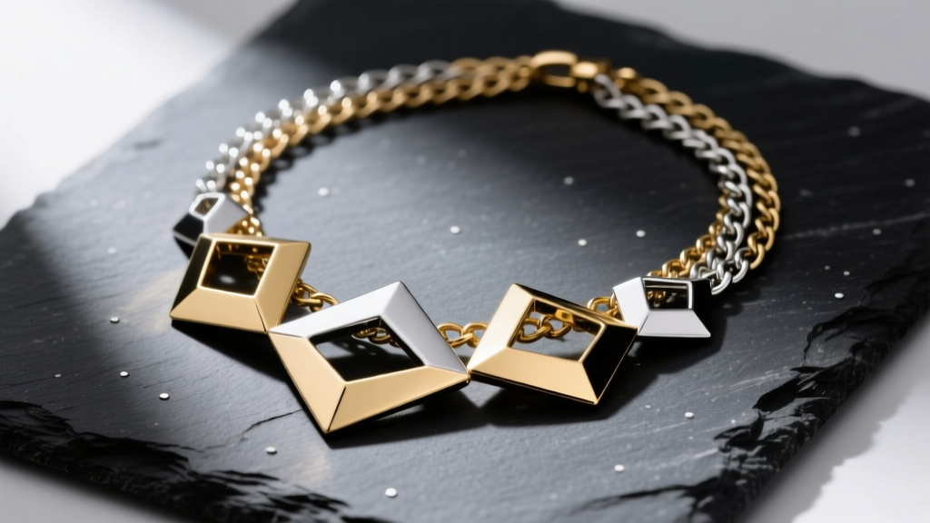 Flatlay of a mixed-metal Stella Dot Renegade necklace on dark slate, highlighting geometric pendants and layered chain textures.