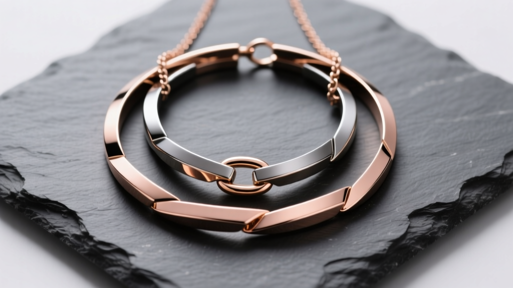 Flat lay of three layered magnetic necklaces in rose gold and gunmetal, resting on a dark grey textured slate stone surface.