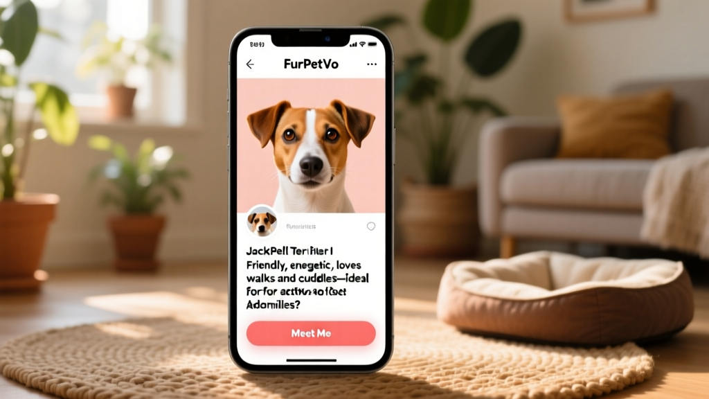 Screenshot of a FurPetVo profile page showing a Jack Russell Terrier's photo, bio, and 'Meet Me' button