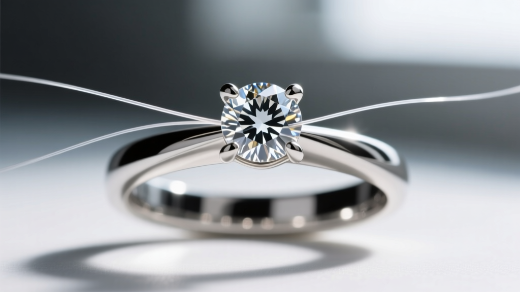 Close-up of a four-prong diamond setting showing a one millimeter gap between metal and stone where fine hair strands slip.