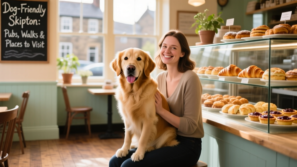 A dog sitting contentedly on a woman's lap inside a bright, cheerful cafe with pastries on display