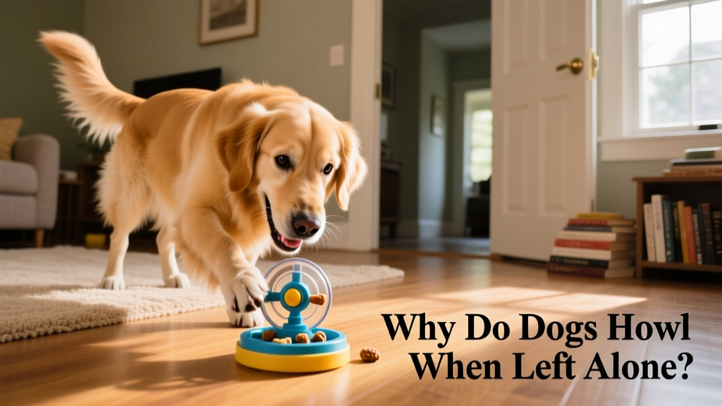 A dog happily working on a treat-dispensing puzzle toy on the floor