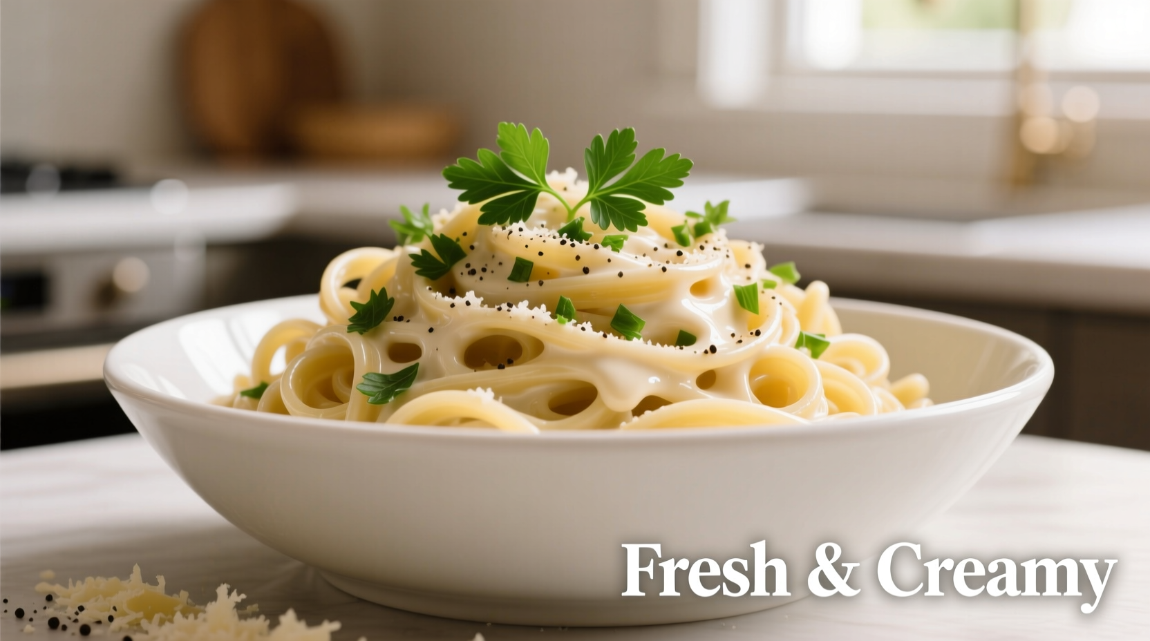 Creamy alfredo pasta in white bowl with fresh parsley
