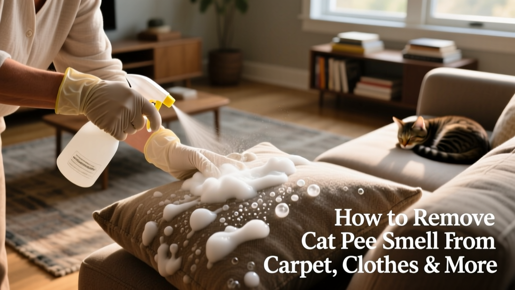 Person applying enzymatic foam to a fabric sofa cushion using a spray bottle, with protective gloves on