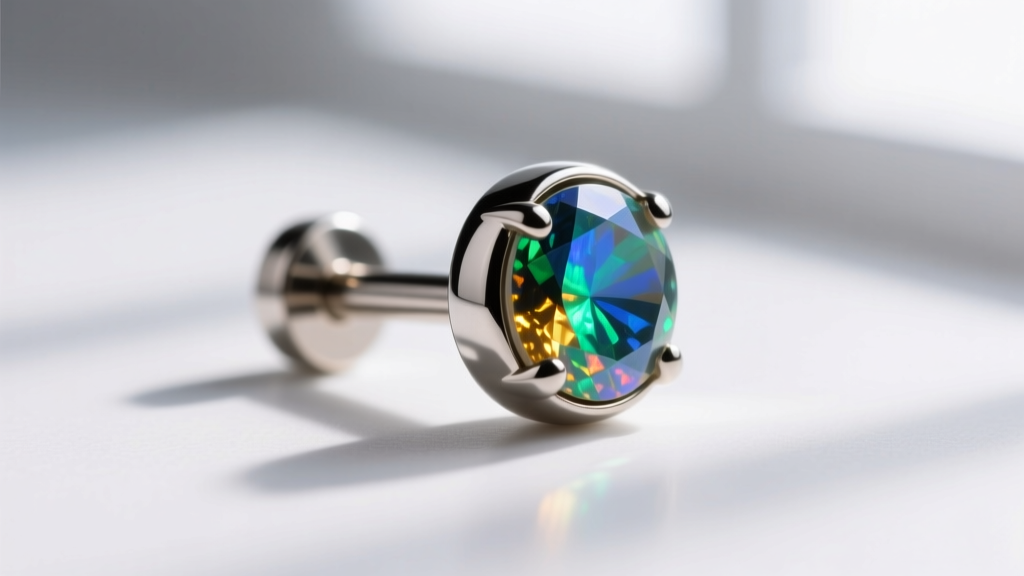 Macro shot of a 16-gauge threadless titanium earring post with a bezel-set opal end, highlighting the smooth mirror finish