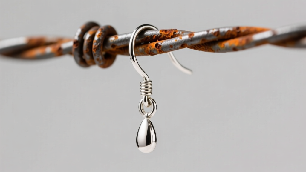 Macro shot of a raw iron wire earring rack showing early rust and tarnish transfer onto a delicate silver drop earring wire hook