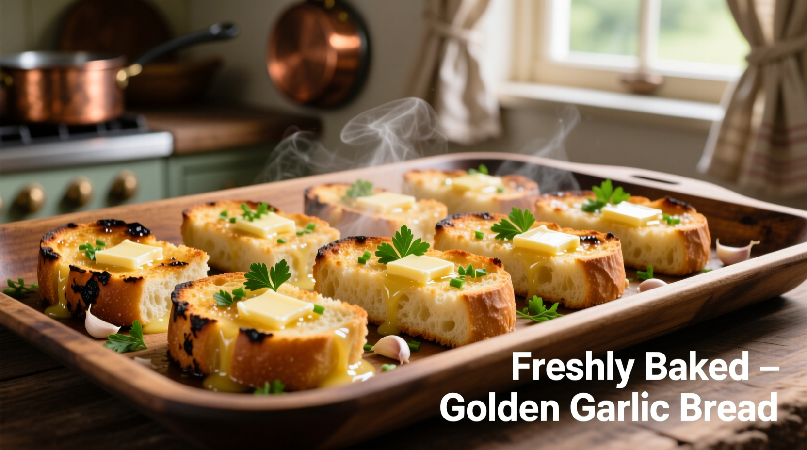Golden garlic bread with melted butter on baking sheet