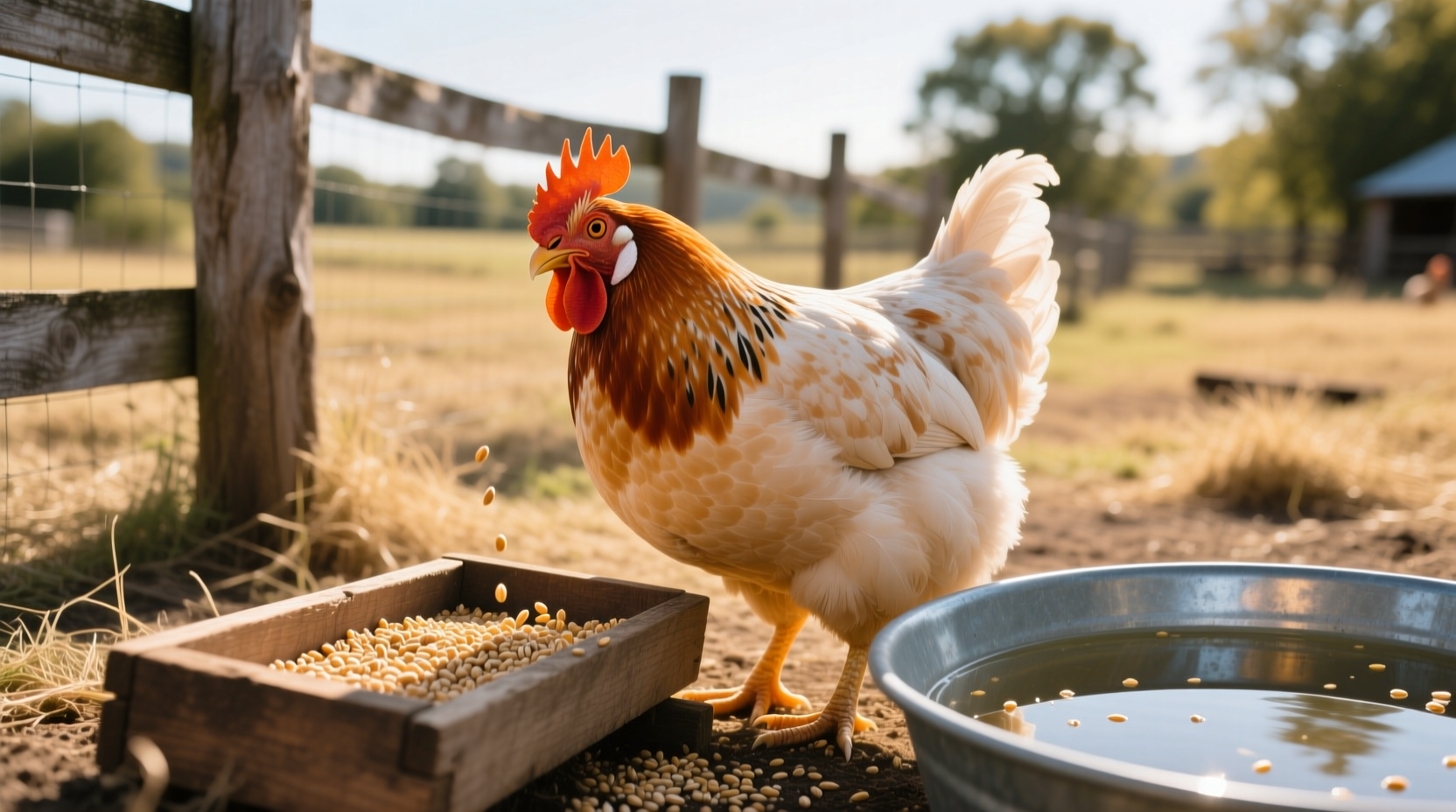 Healthy chicken eating from feeder with clear water nearby