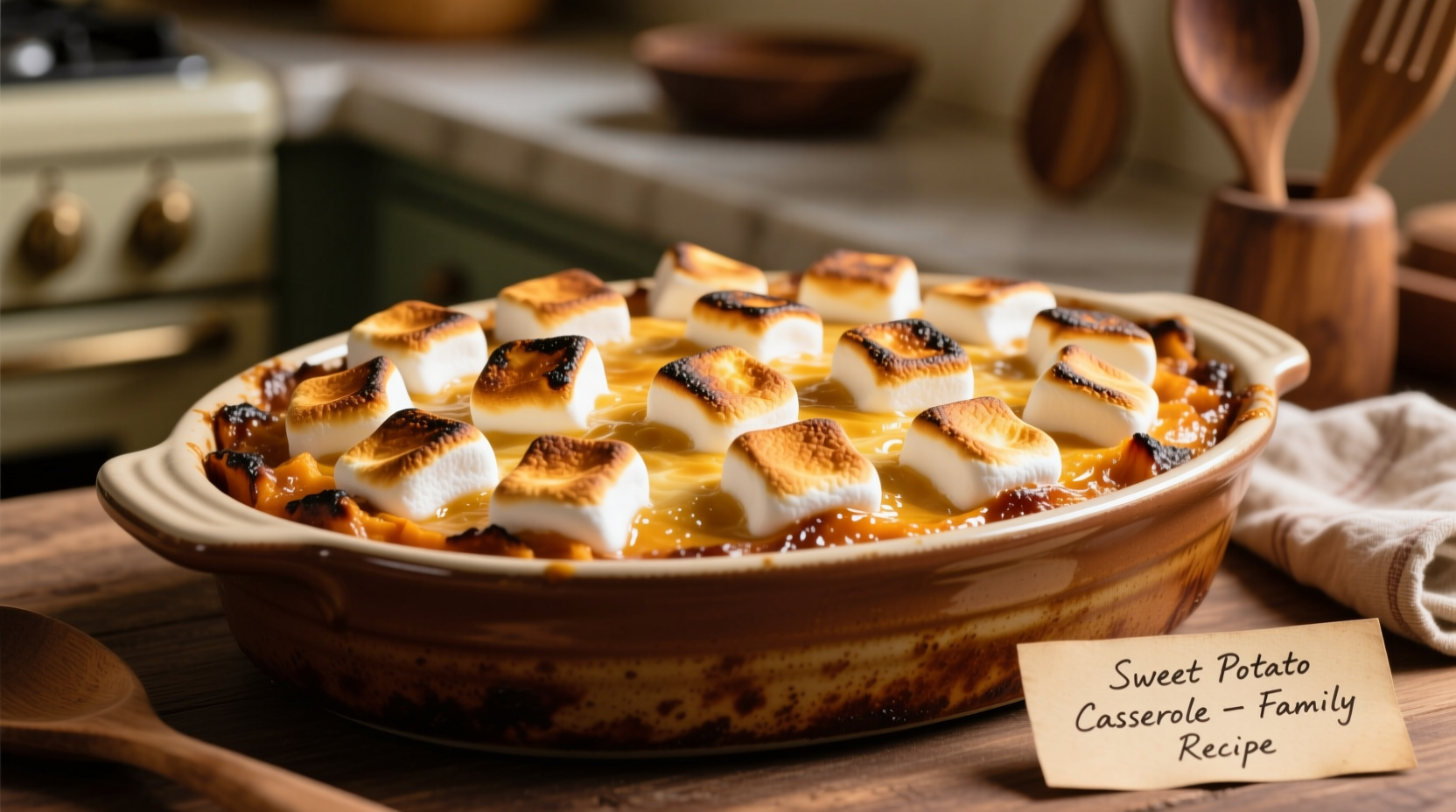 Golden brown sweet potato casserole with perfectly toasted marshmallows