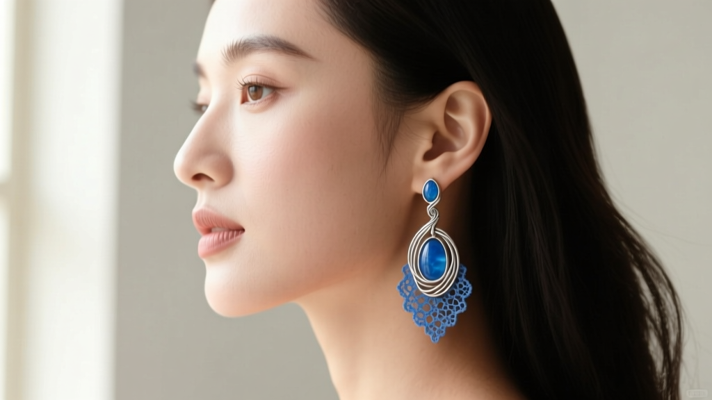 Side profile of a woman wearing blue lace agate drop earrings with oxidized silver wire wrapping, soft natural window lighting.