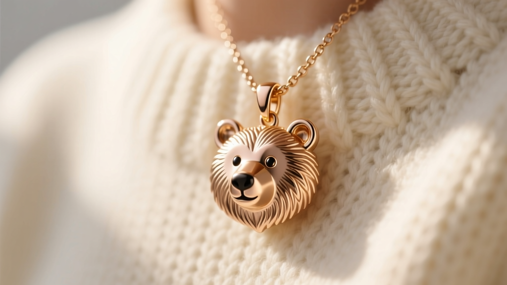 Close-up of a 14k rose gold mama bear necklace pendant on a cream knit sweater, warm natural light highlighting the polished metal.