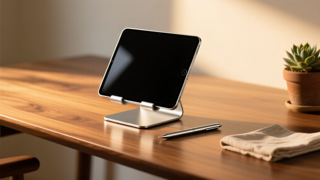 A sleek wooden desk setup featuring an iPad Pro on an aluminum stand with a stylus resting nearby, bathed in warm afternoon light.