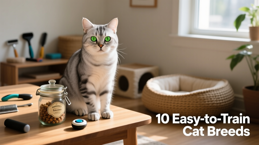 An American Shorthair sitting calmly beside a treat jar and clicker, looking focused and ready to learn