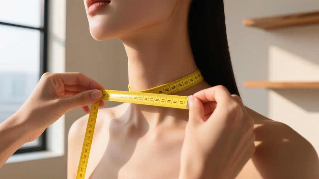 Hands using a soft yellow flexible tape measure to find the exact neck circumference for a tight-fitting collar necklace