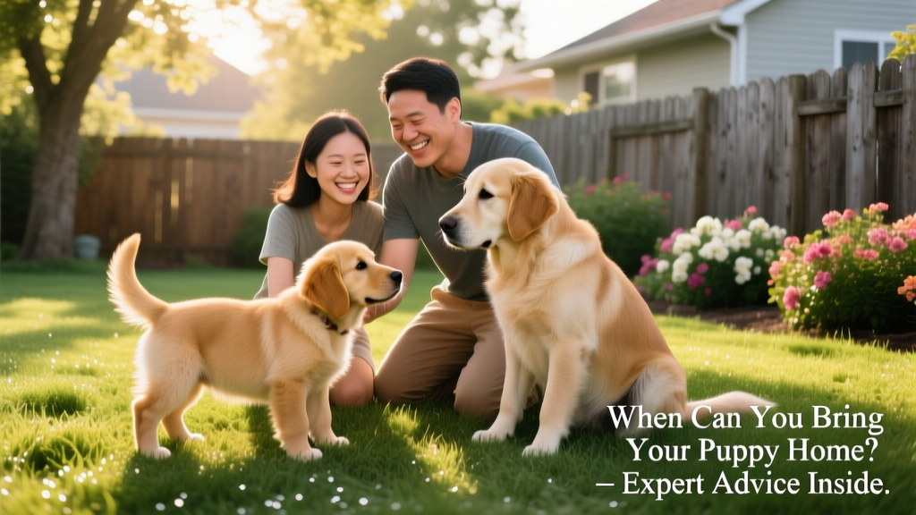 A smiling family kneeling beside their new puppy on a grassy yard, gently introducing him to a friendly older dog