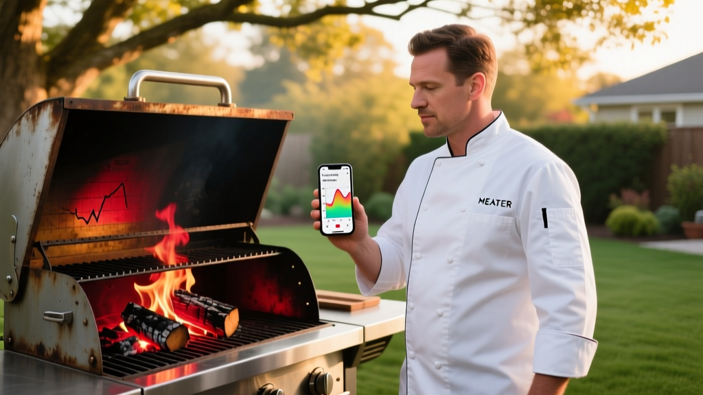 Chef holding a smartphone showing the MEATER app temperature graphs while standing next to an offset backyard charcoal smoker