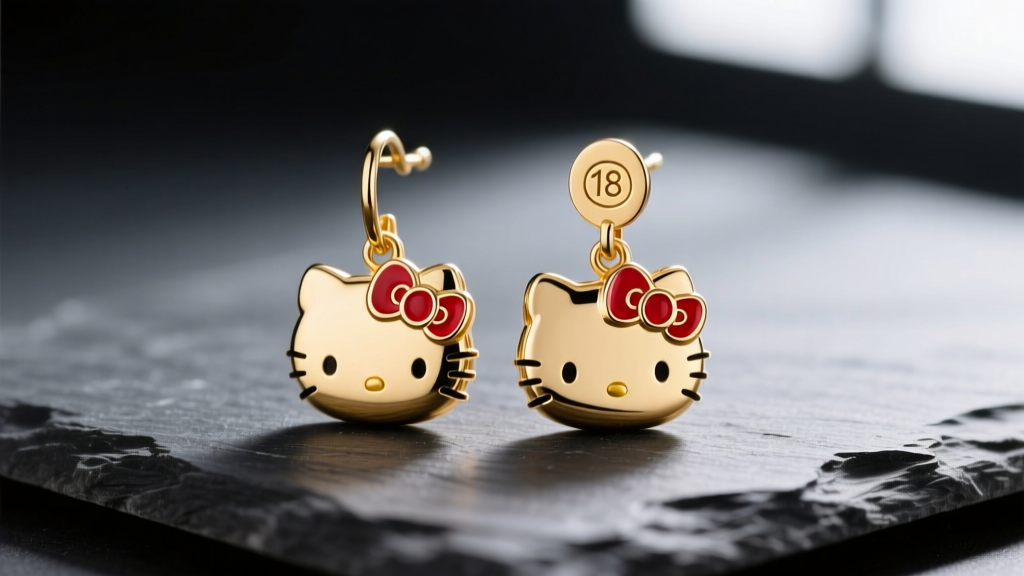 Macro shot of authentic 18k gold vermeil Hello Kitty dangle earrings on dark slate, showing crisp red enamel bow and clear hallmark stamp.
