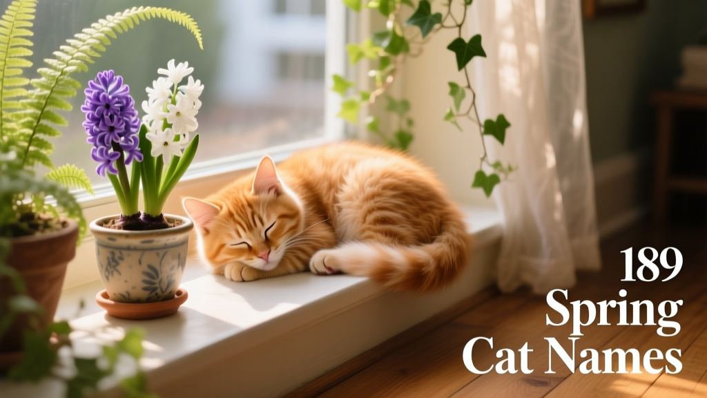 A fluffy ginger kitten napping peacefully on a sunlit windowsill with potted hyacinths and soft greenery nearby