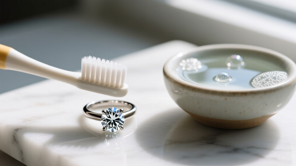 Soft toothbrush scrubbing the pavilion underside of a radiant moissanite stone, beside a small ceramic bowl of mild soapy water.