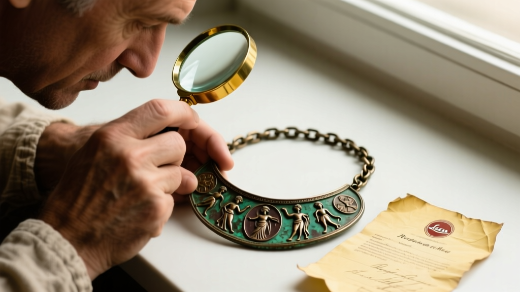 Close up of an antiquities dealer examining a Roman bronze chain necklace with a loupe, next to a faded provenance certificate