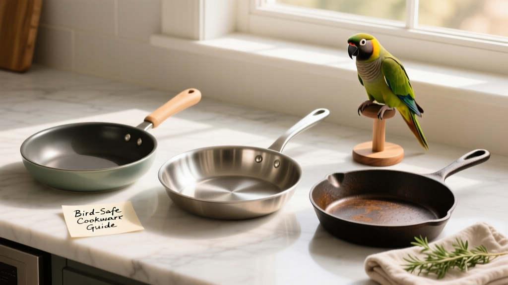 Side-by-side comparison of PTFE-free ceramic pan, stainless steel skillet, and seasoned cast iron pan on a clean countertop