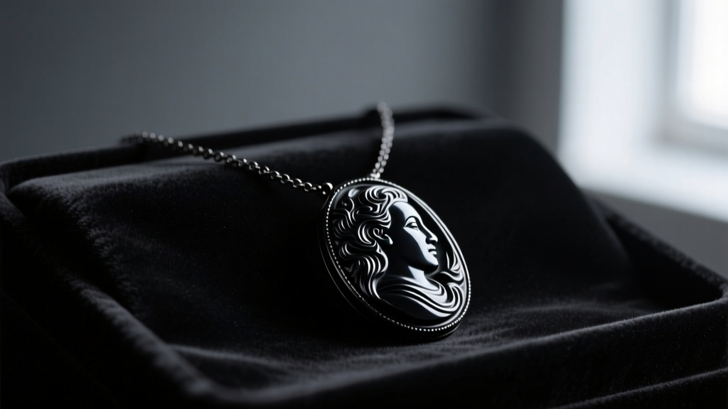 Close-up of a Whitby jet cameo necklace resting on dark velvet, with moody lighting highlighting the carved matte black finish