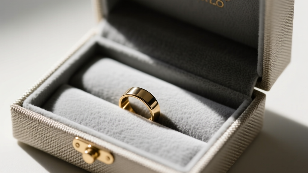 Open fabric covered jewelry box with anti-tarnish grey flannel lining, brass ring rolls, top-down crisp lighting, highly detailed
