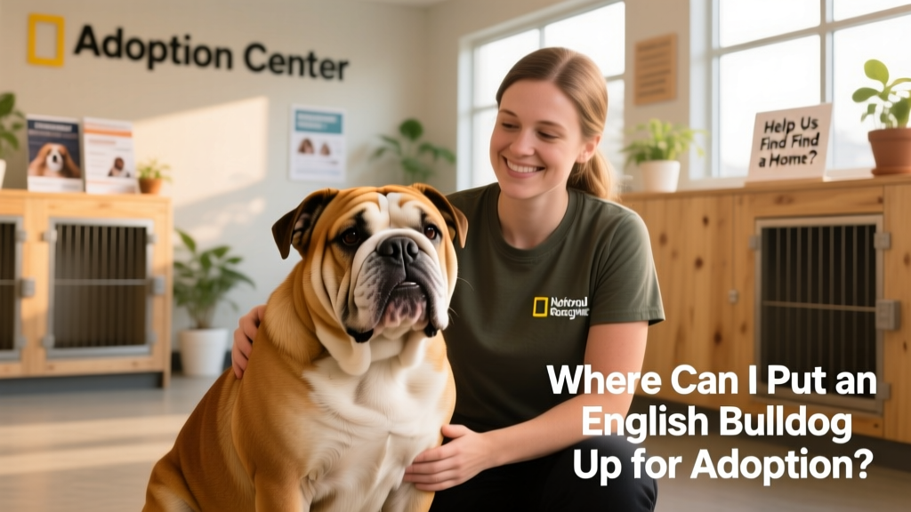 A calm, friendly English Bulldog sitting beside a volunteer at a clean, well-lit rescue facility