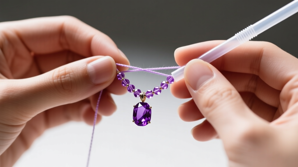 Hands threading a delicate purple gemstone lariat necklace through a plastic drinking straw to prevent tangling during storage