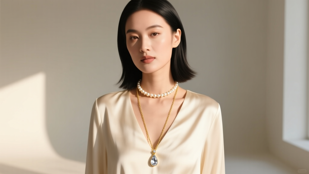 Woman wearing a pearl Anastasia choker layered with a long gold chain and a teardrop diamond pendant over a cream silk blouse