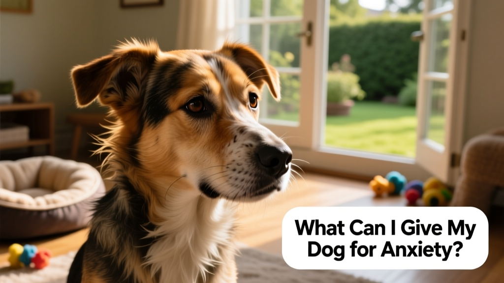an anxious dog looking off to the side