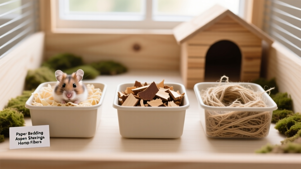 Side-by-side comparison of paper bedding, aspen shavings, and hemp fibers in a clean hamster habitat
