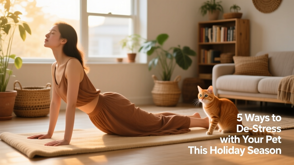 Person doing Cat-Cow yoga pose with a curious kitten nearby