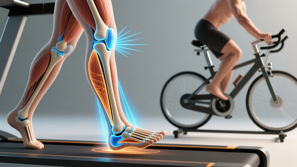 Biomechanical diagram showing ground reaction forces on the knee joint during treadmill walking versus stationary cycling