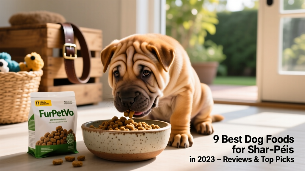 A Shar-Pei puppy eating from a shallow ceramic bowl, with FurPetVo kibble visible and healthy skin folds clearly defined