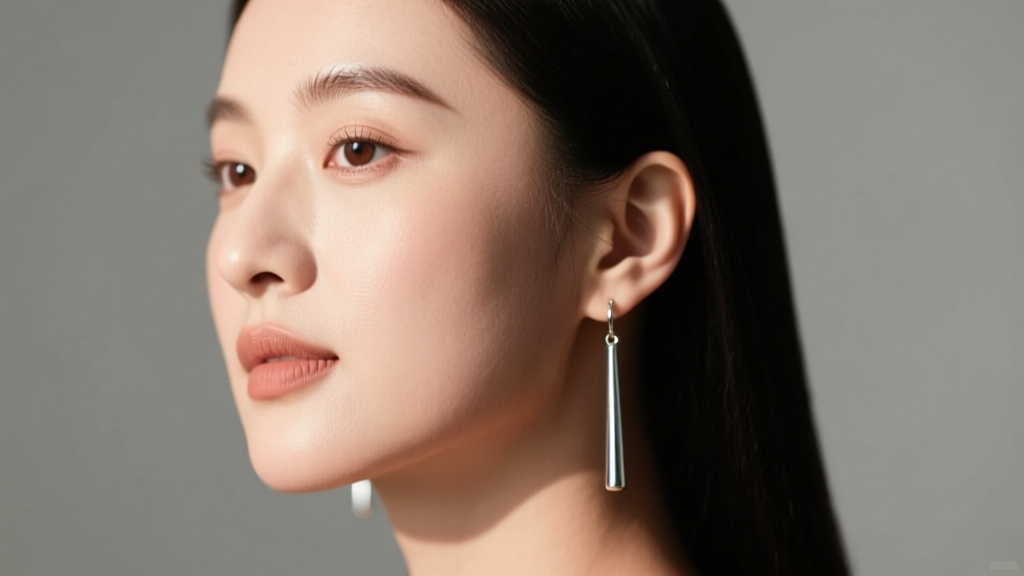 Side profile of a woman with a round face wearing long simple silver drop earrings, soft studio lighting, neutral grey background