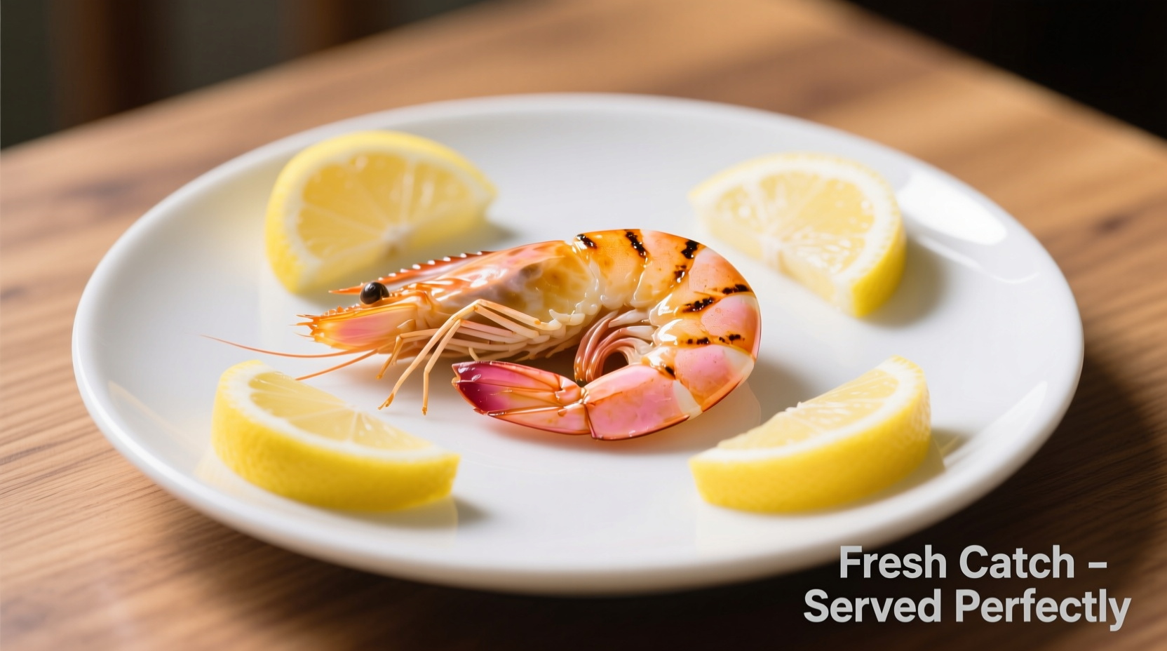 Perfectly cooked shrimp on plate with lemon wedges