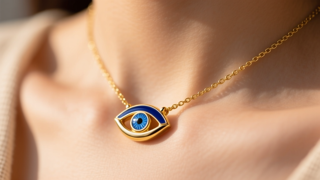 Close-up of a 14k gold evil eye necklace with cobalt blue enamel and a diamond pupil resting on a collarbone in warm sunlight.