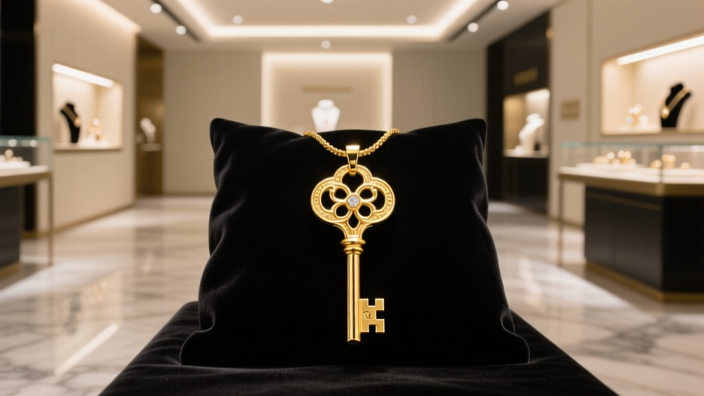 18k gold skeleton key pendant resting on dark velvet, illuminated by soft warm studio lighting inside a high-end jewelry boutique