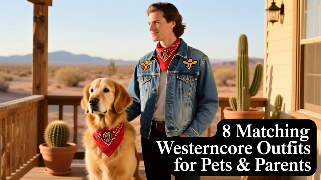 A golden retriever and their owner wearing matching denim jackets and bandanas, posing on a sunlit porch