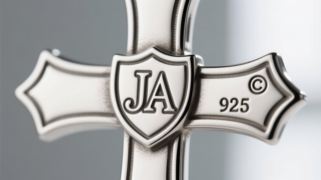 Close-up of a vintage James Avery silver cross back, revealing the JA shield maker mark, copyright symbol, and 925 silver stamp.